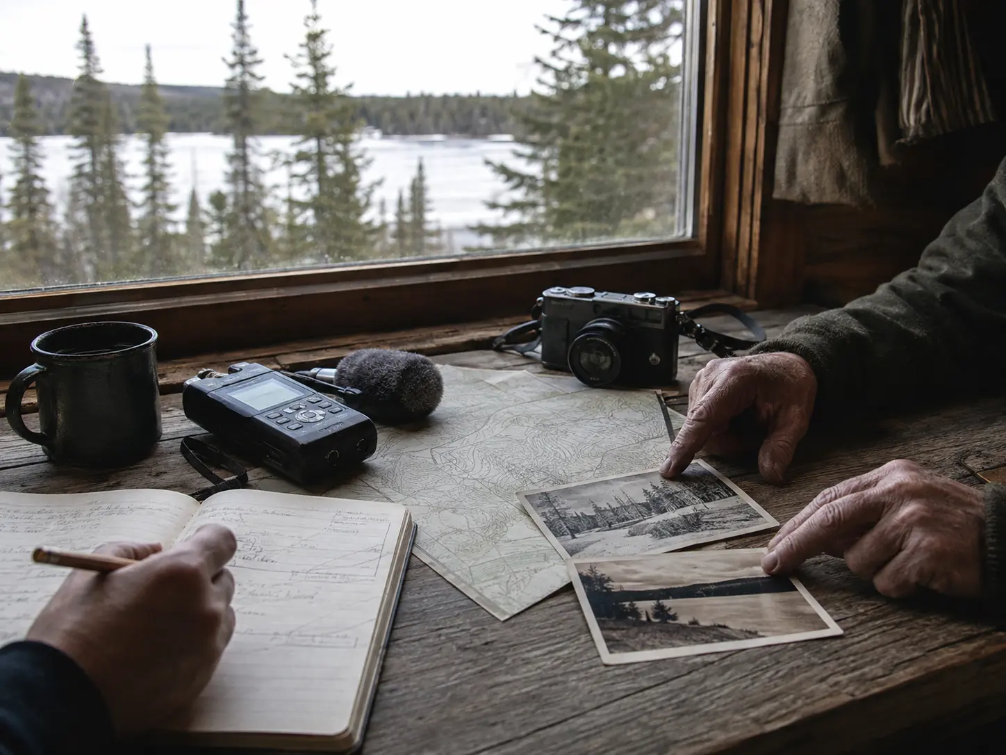 Audio recorder, notebook, camera, map and old landscape photographs used in field documentation