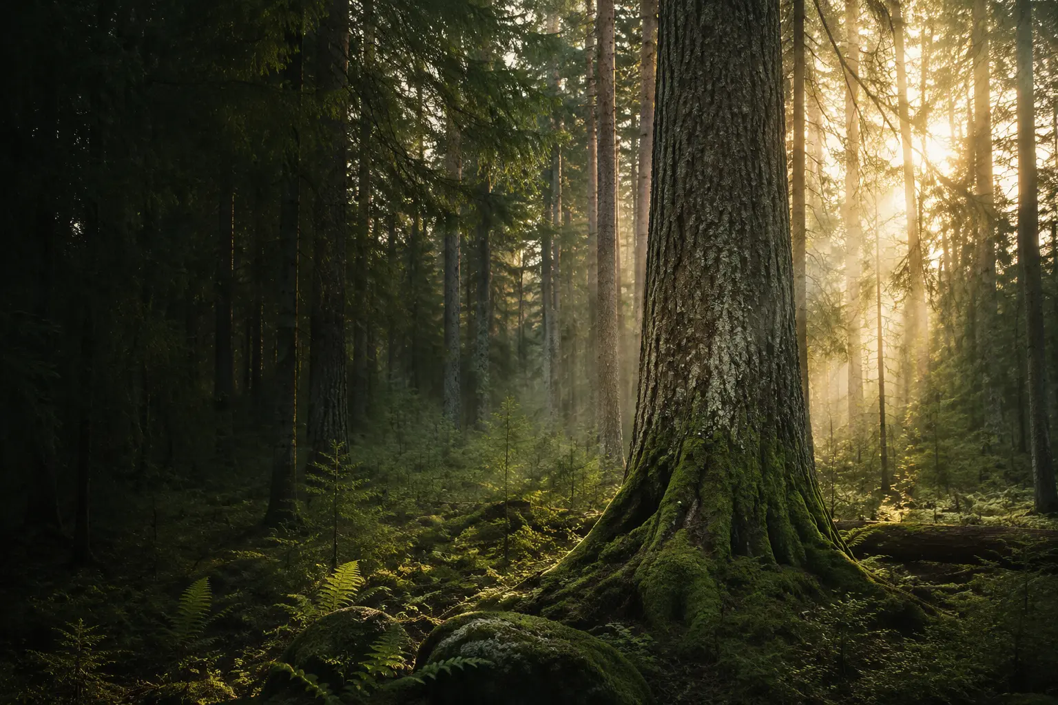 Old northern forest with moss-covered trees