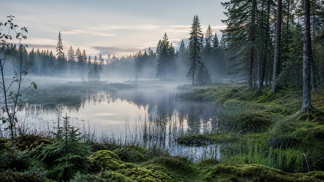 Misty Nordic forest wetland