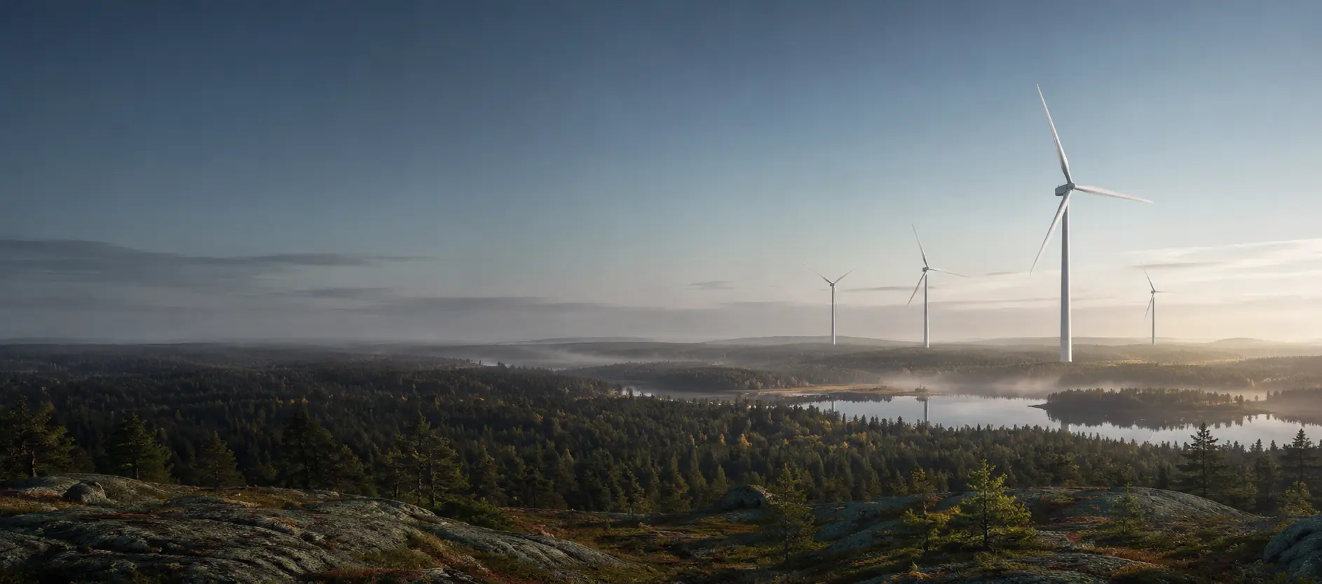 Tuulivoimaloita suomalaisessa metsä- ja järvimaisemassa aamun valossa
