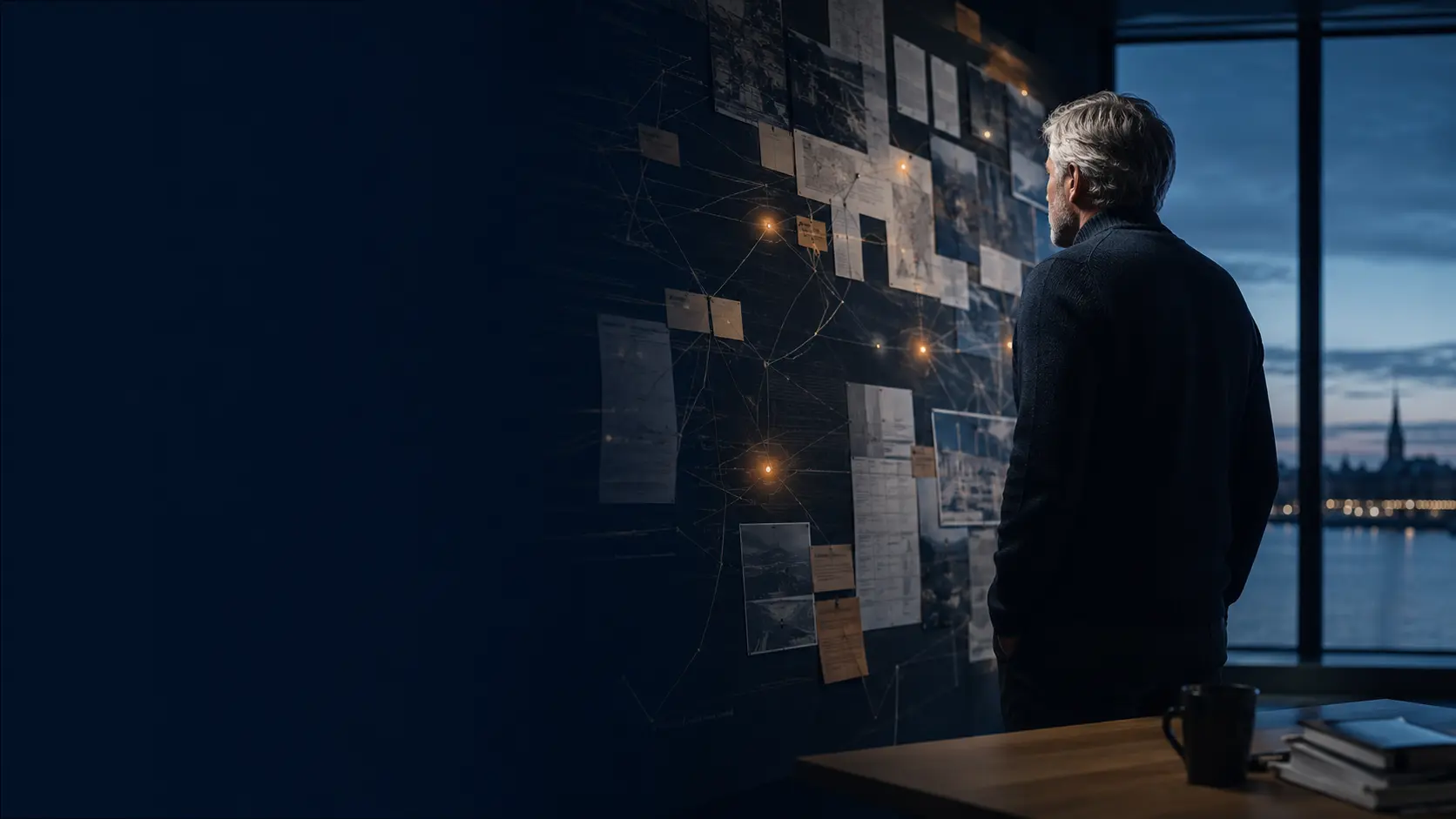 Strategy professional examining early signals and evidence in a Nordic office at blue hour