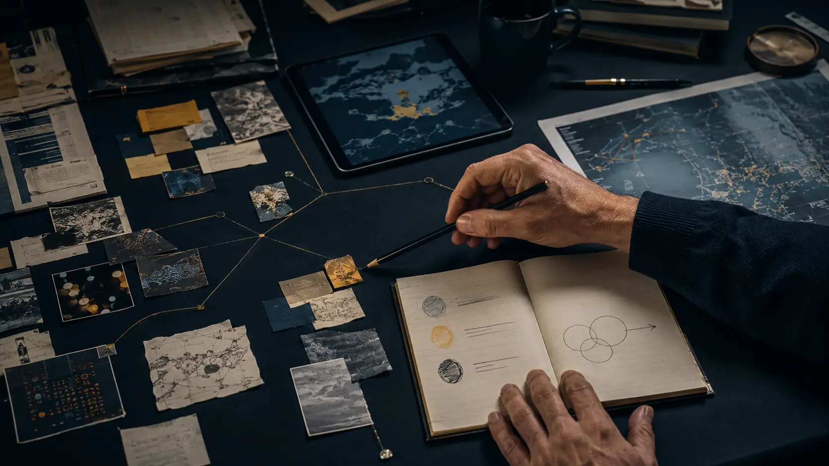 Hands connecting evidence, maps and observations into a strategic decision framework