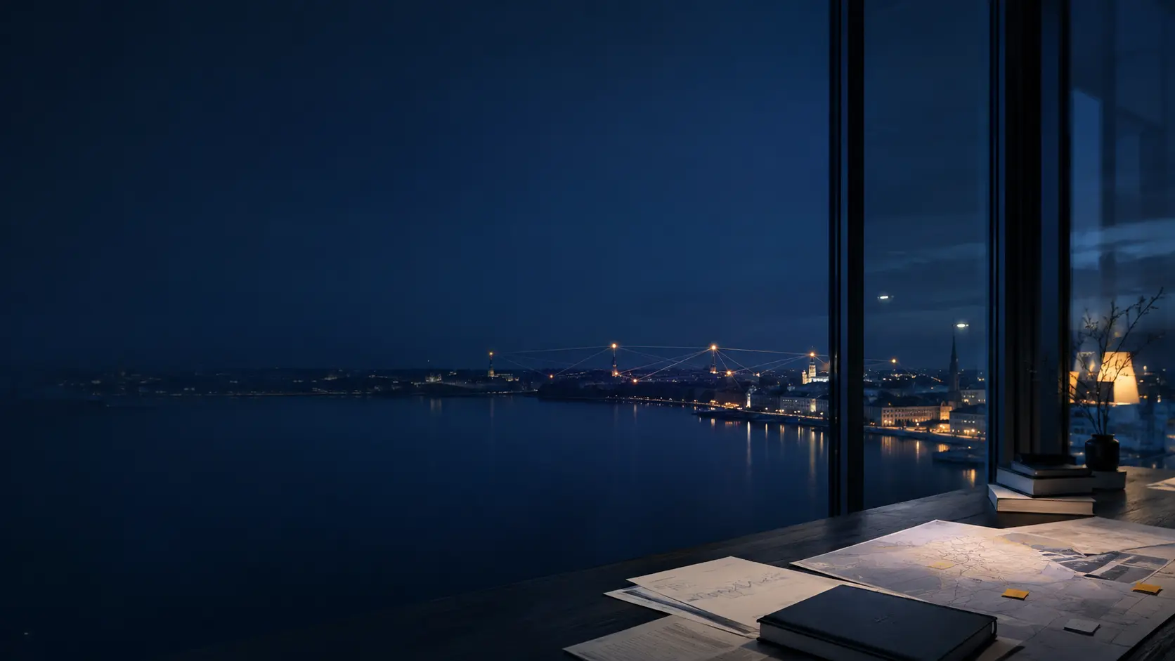 Nordic city and lake at blue hour with a subtle network of weak signals