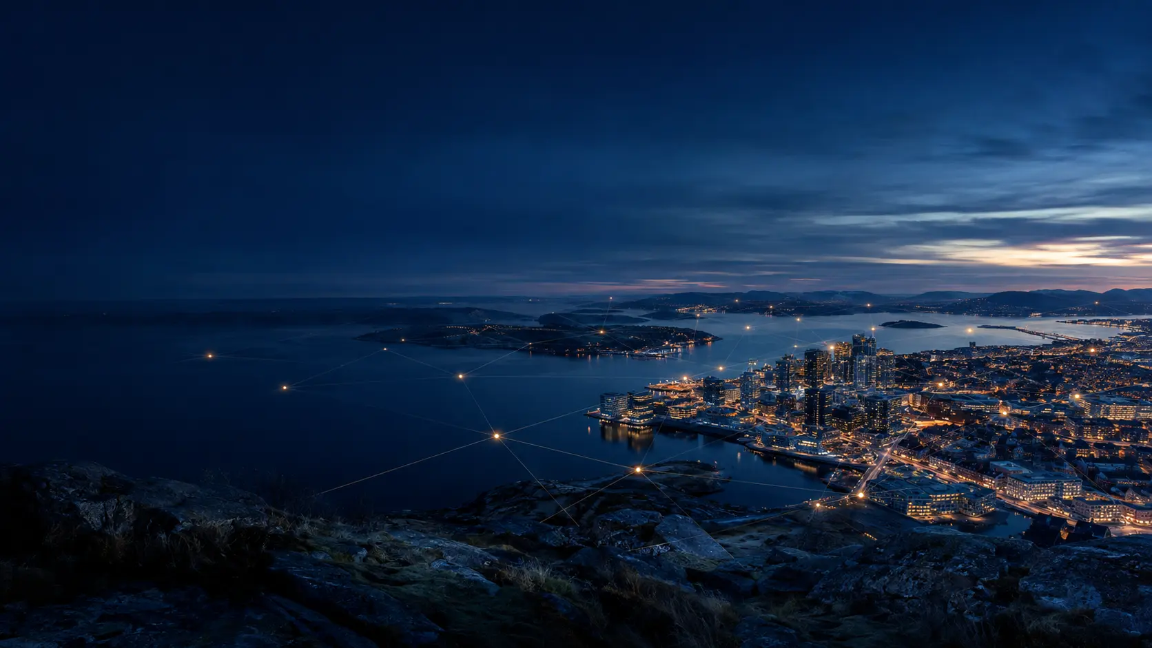 Northern European city and coastline connected by subtle signal lines at blue hour
