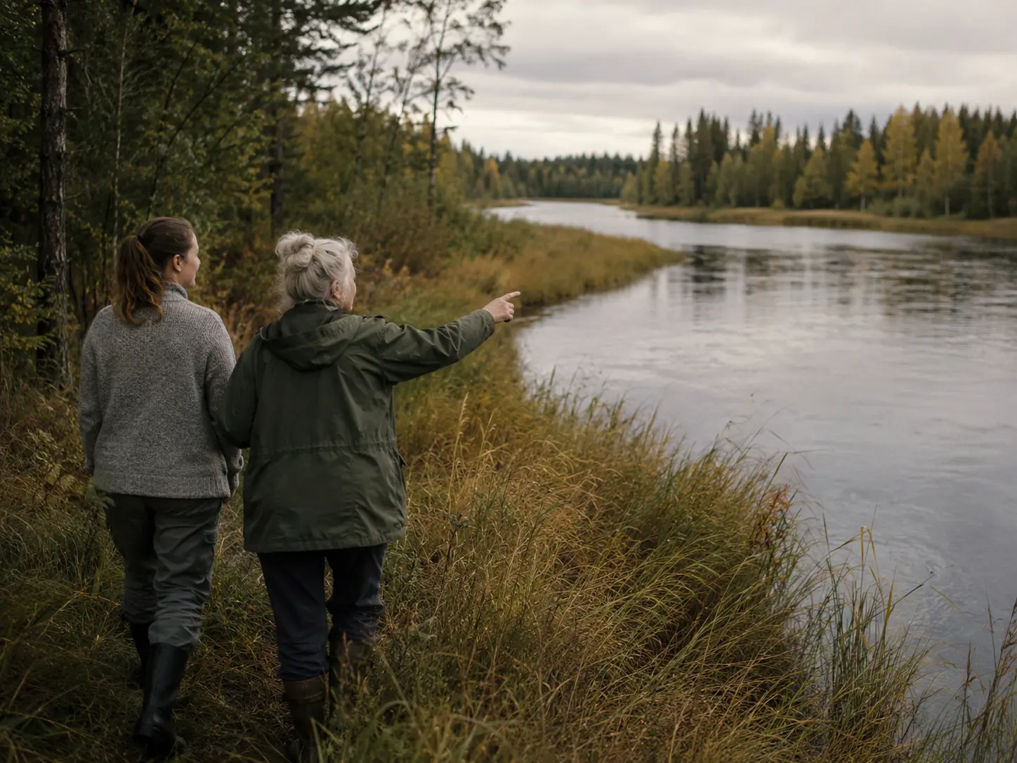 Two people sharing environmental memories beside a northern river