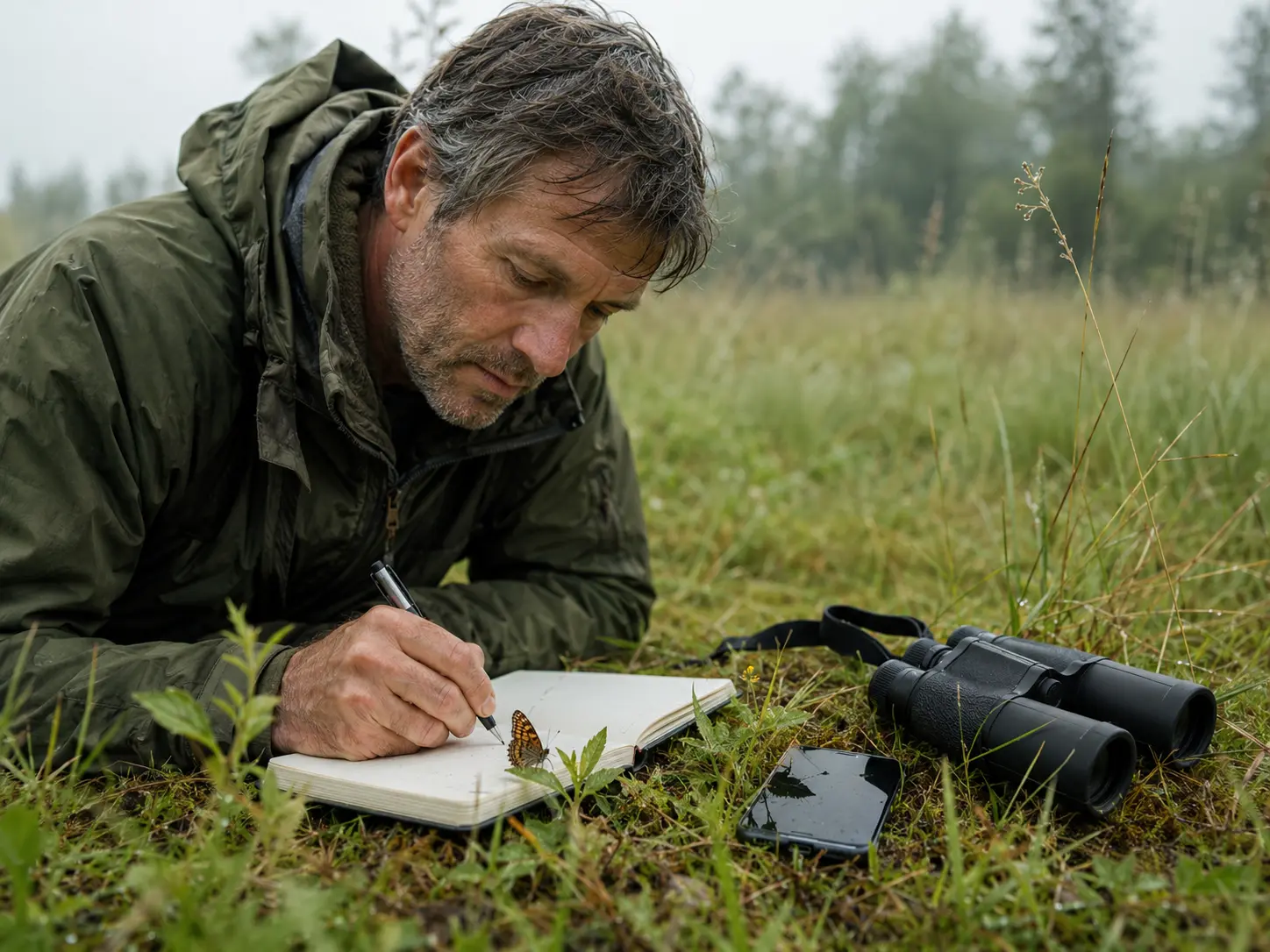 A nature observer documenting small details in a field notebook