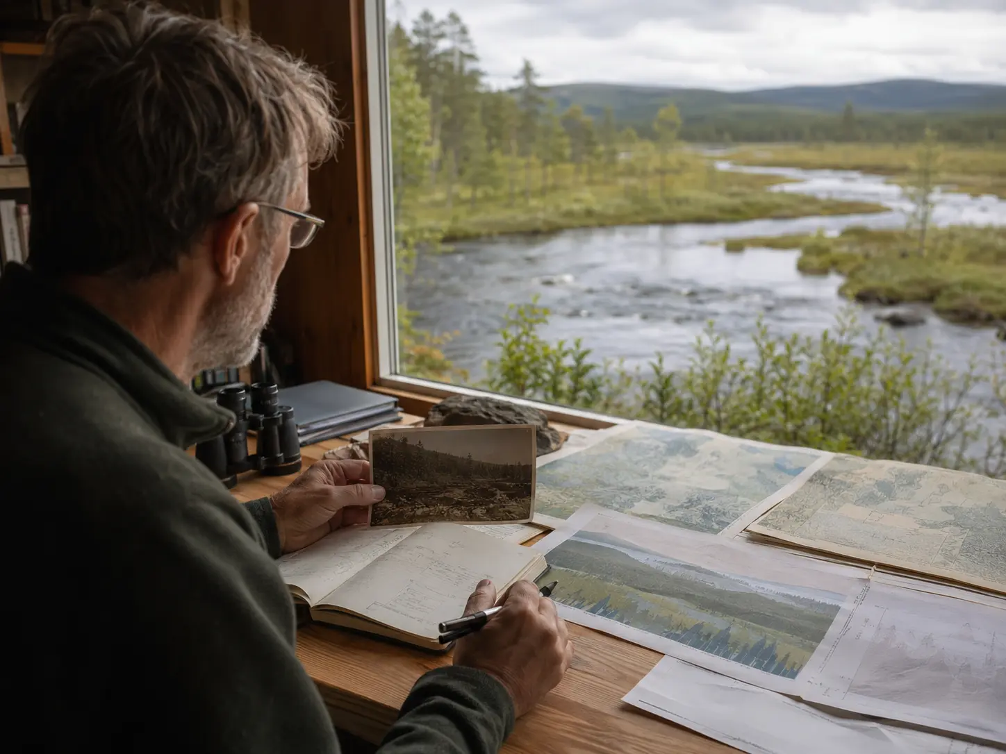 Field notes, maps and an earlier photograph being compared with a present-day landscape