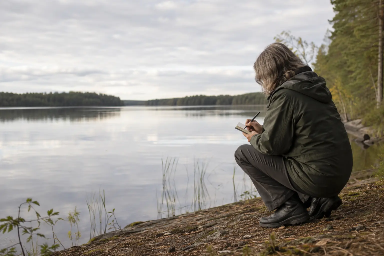 A person recording a careful observation beside a Finnish lake